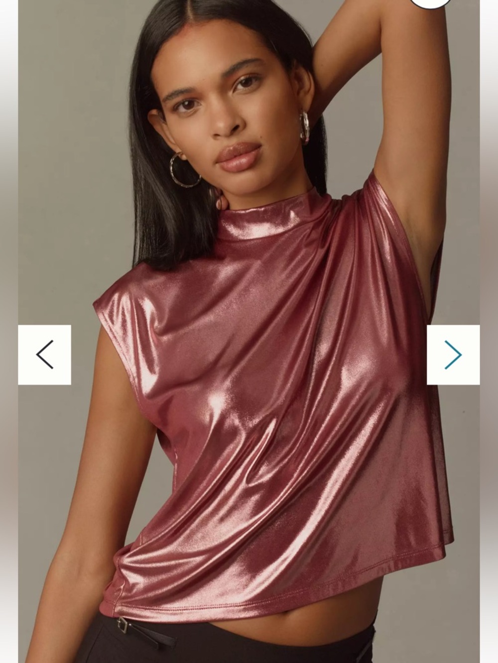 Anthro Cowl Neck Liquid Shine Top | Metallic Rose Cap-Sleeve Blouse